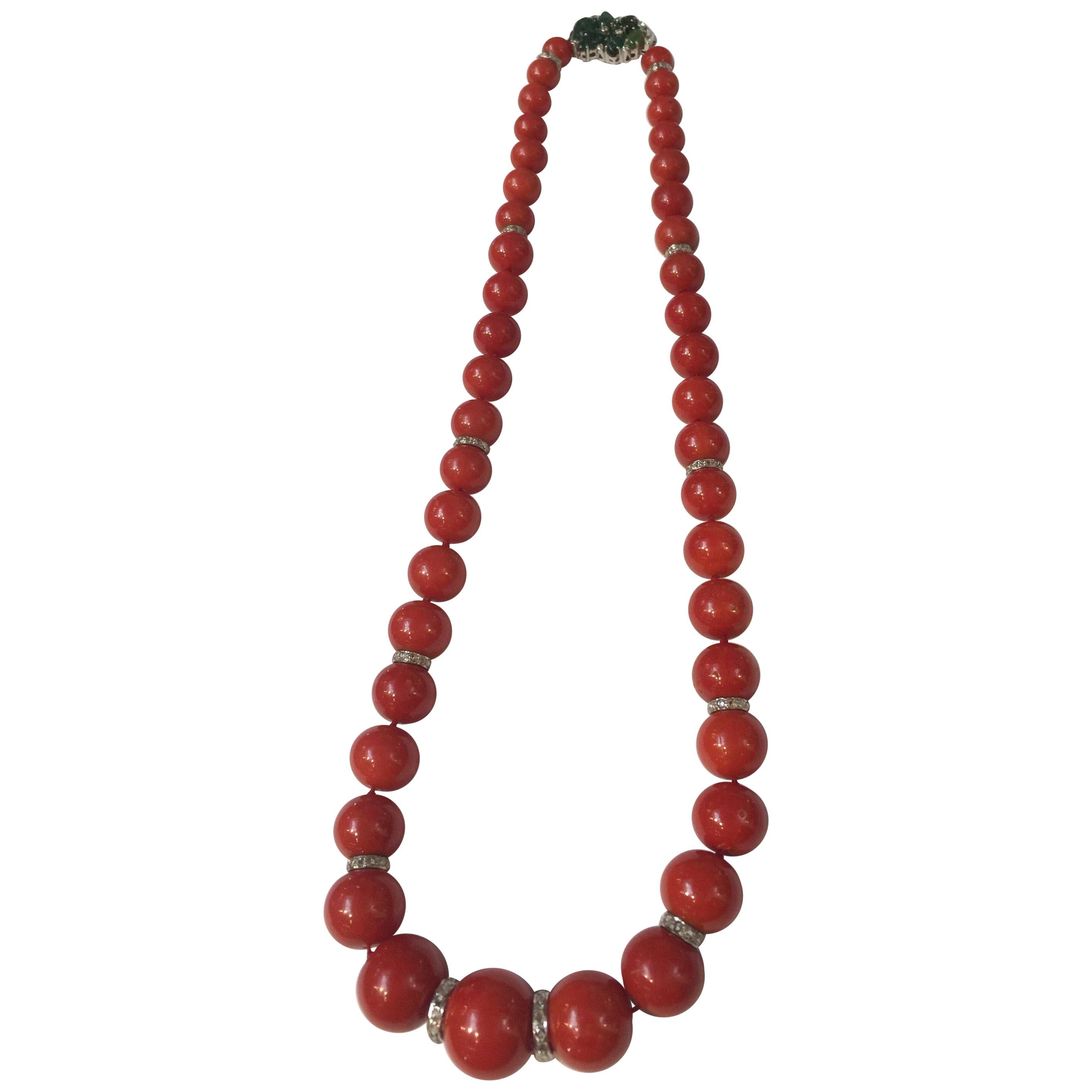Red Natural Coral Bead Diamond Necklace
