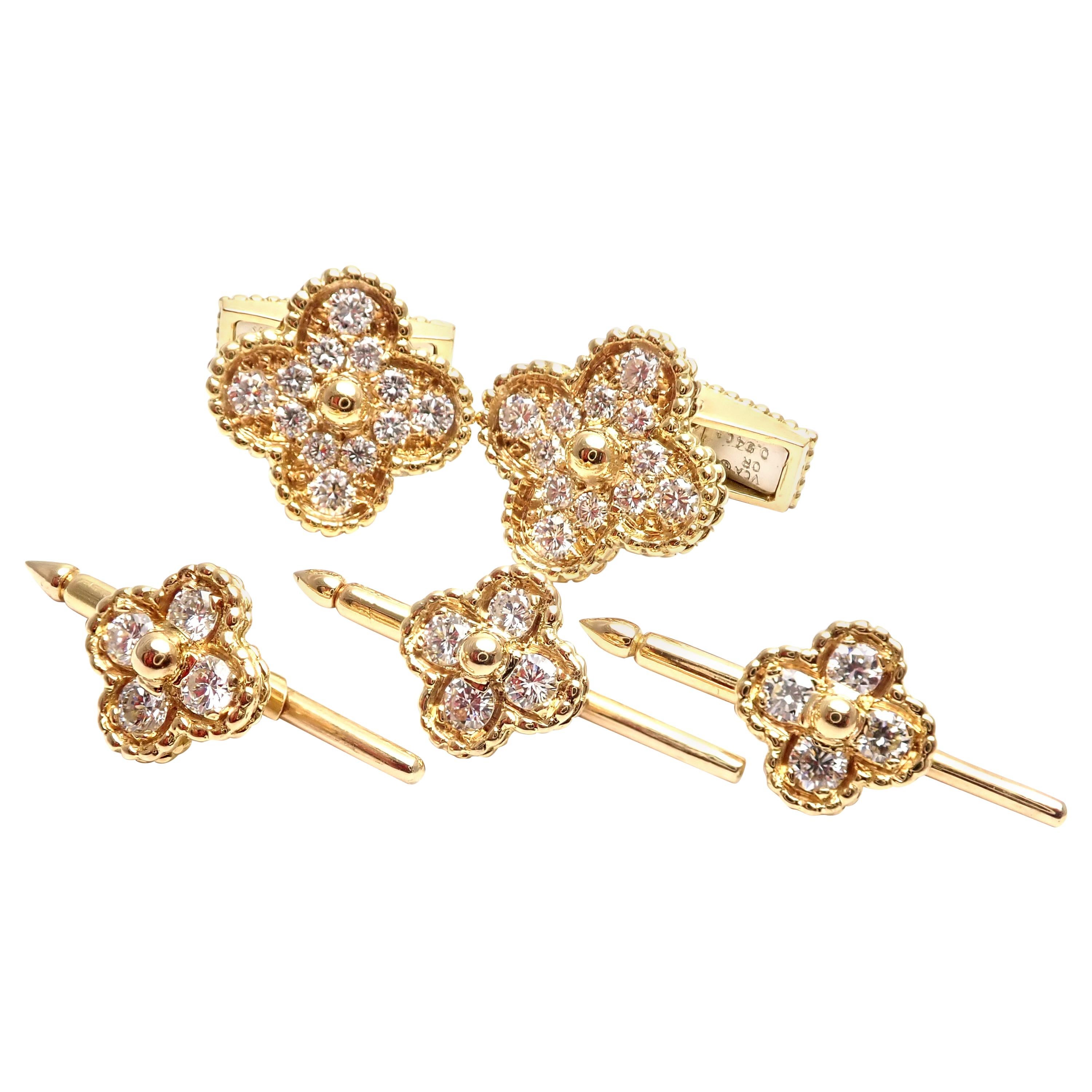 Van Cleef & Arpels Alhambra Diamond Yellow Gold Cufflinks and Stud Dress Set