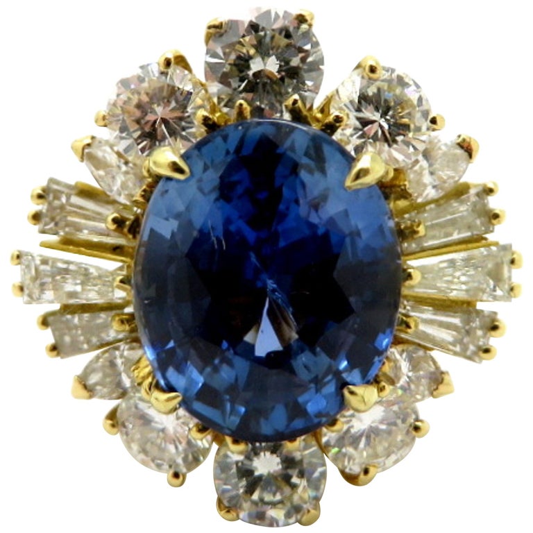 Estate 18 Karat Yellow Gold Sapphire and Diamond Cluster Cocktail Ring ...