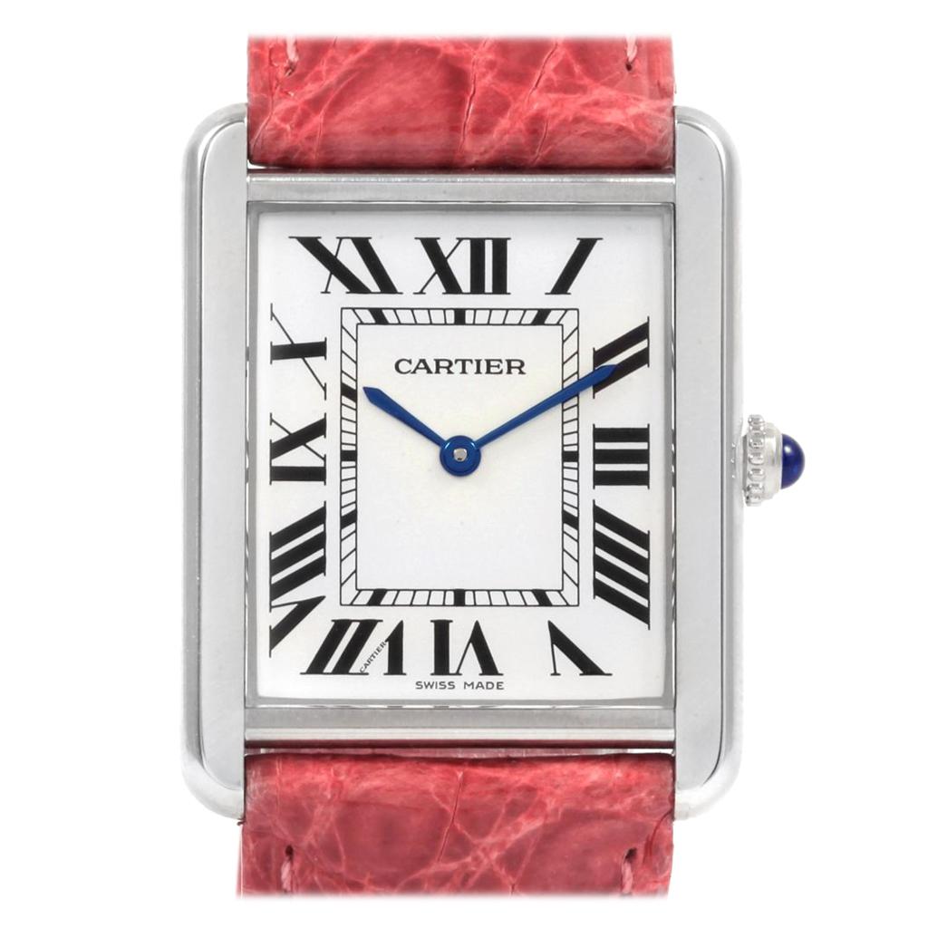 Cartier Tank Solo Steel Silver Dial Pink Strap Unisex Watch W1018355 For Sale