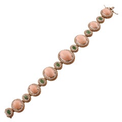 Vintage Pink Corals, Emeralds, White Diamonds, White Rose Gold Bracelet