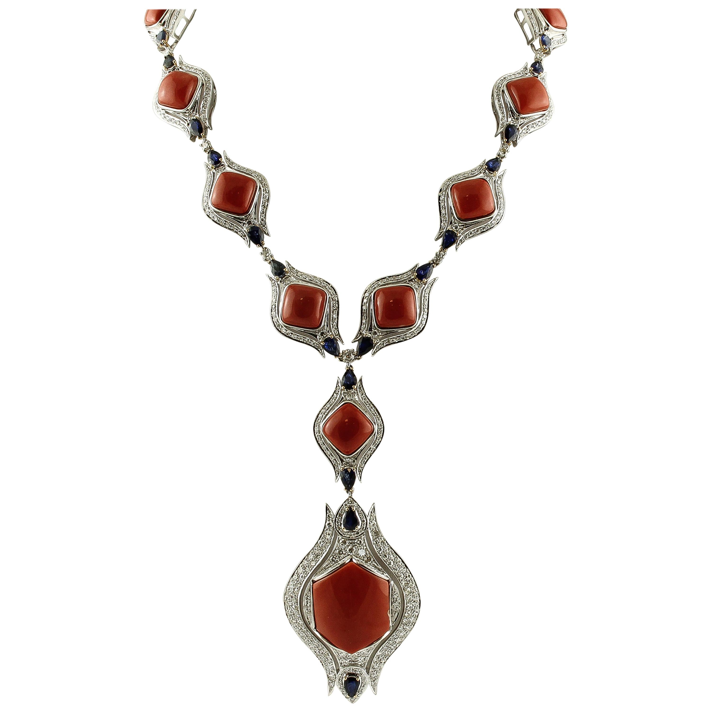 Red Corals, Diamonds, Sapphires Drops, White Gold Necklace