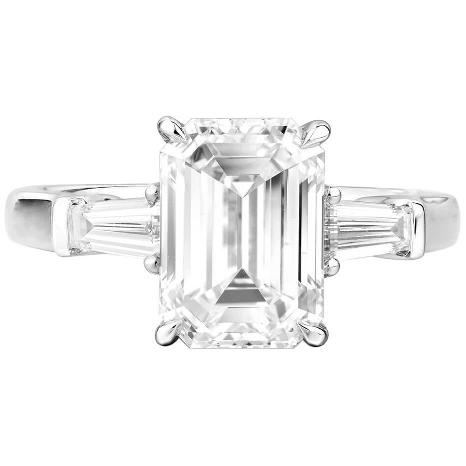 GIA Natural 3.37 Carat Emerald Cut White Diamond 18 Karat Gold Engagement Ring