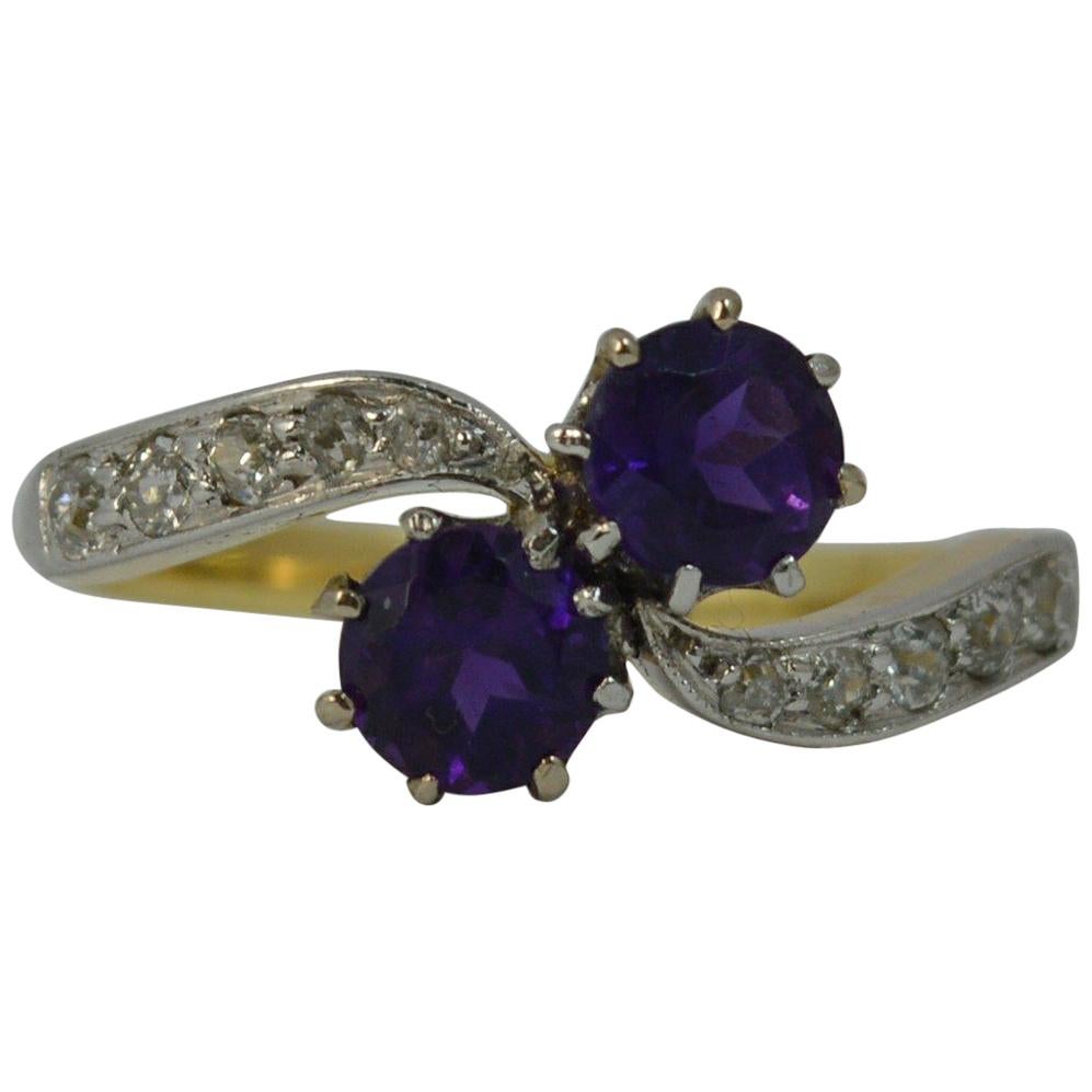 Antique 18 Carat Gold and Platinum Amethyst Toi et Moi Ring with Diamonds