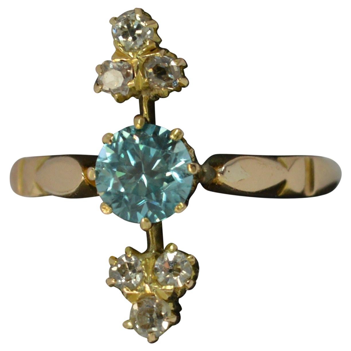 Edwardian 18 Carat Gold Blue Zircon and Old Cut Diamond Ring