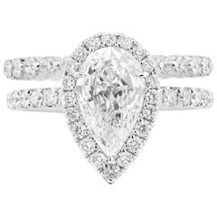 GIA Certified Natural White Pear Diamond 18 Karat Gold Engagement Halo Ring