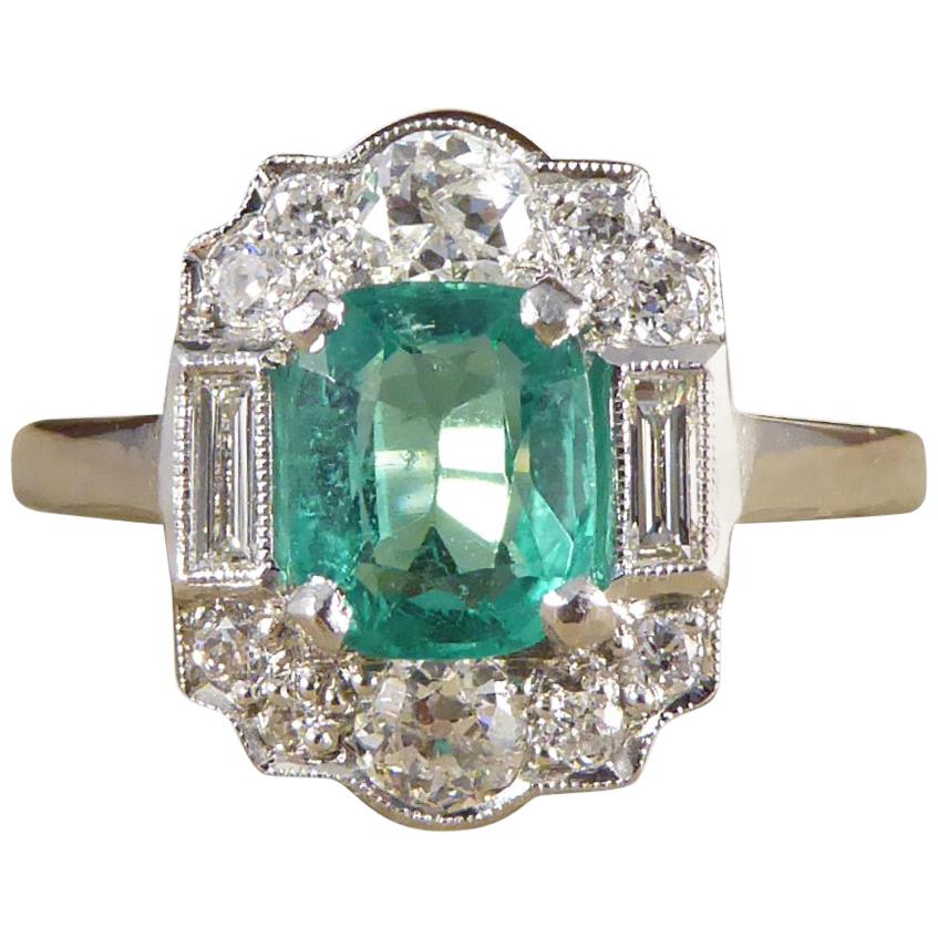 Contemporary Emerald and Diamond Cluster Ring Set in Platinum