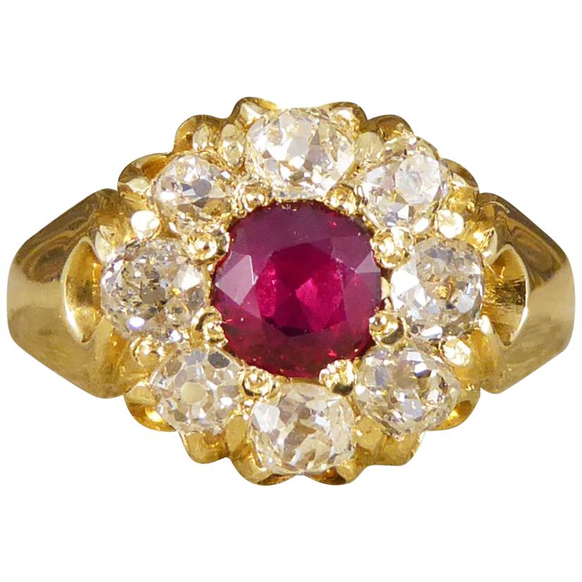 Late Victorian Ring with 0.70 Carat Ruby and Diamond Cluster in 18 Carat Gold