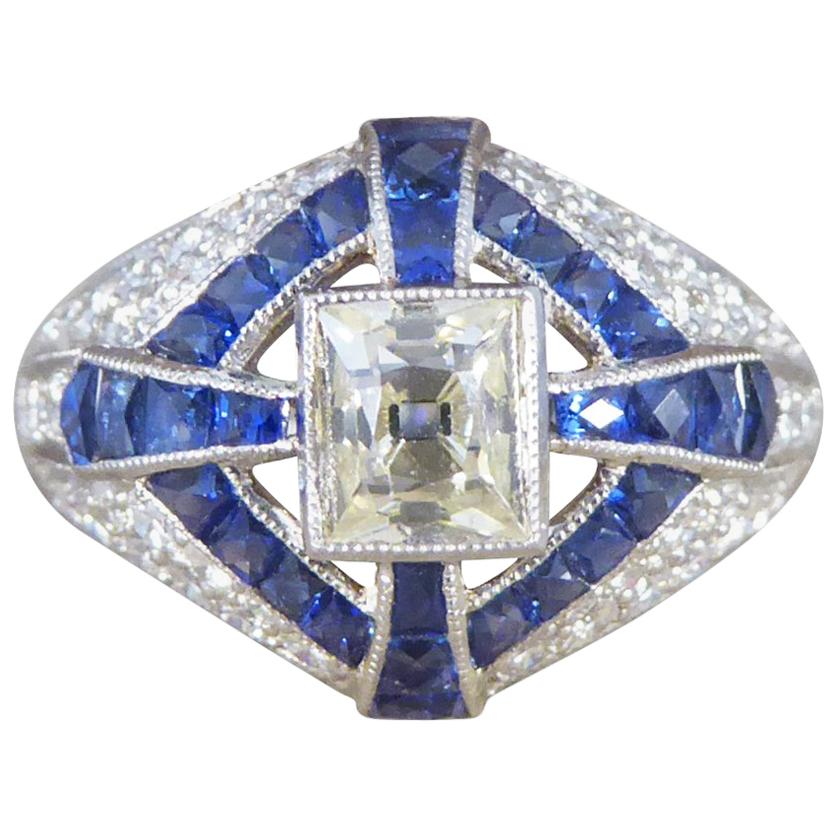 Contemporary Lemon Tinted Diamond and French Cut Sapphire Cross Ring in Platinum