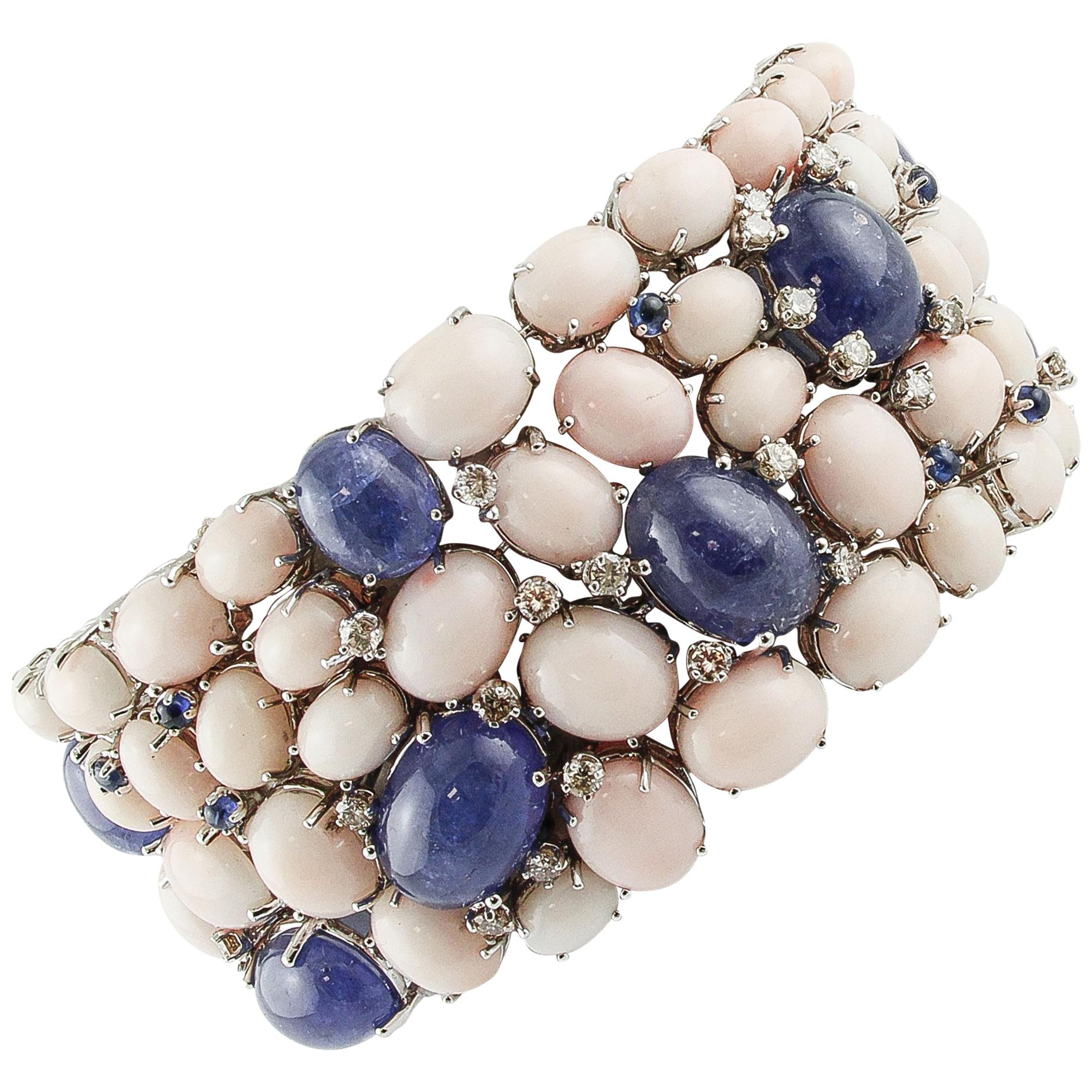 Diamonds, Blue Sapphires, Tanzanite, Pink Corals White Gold Band Bracelet