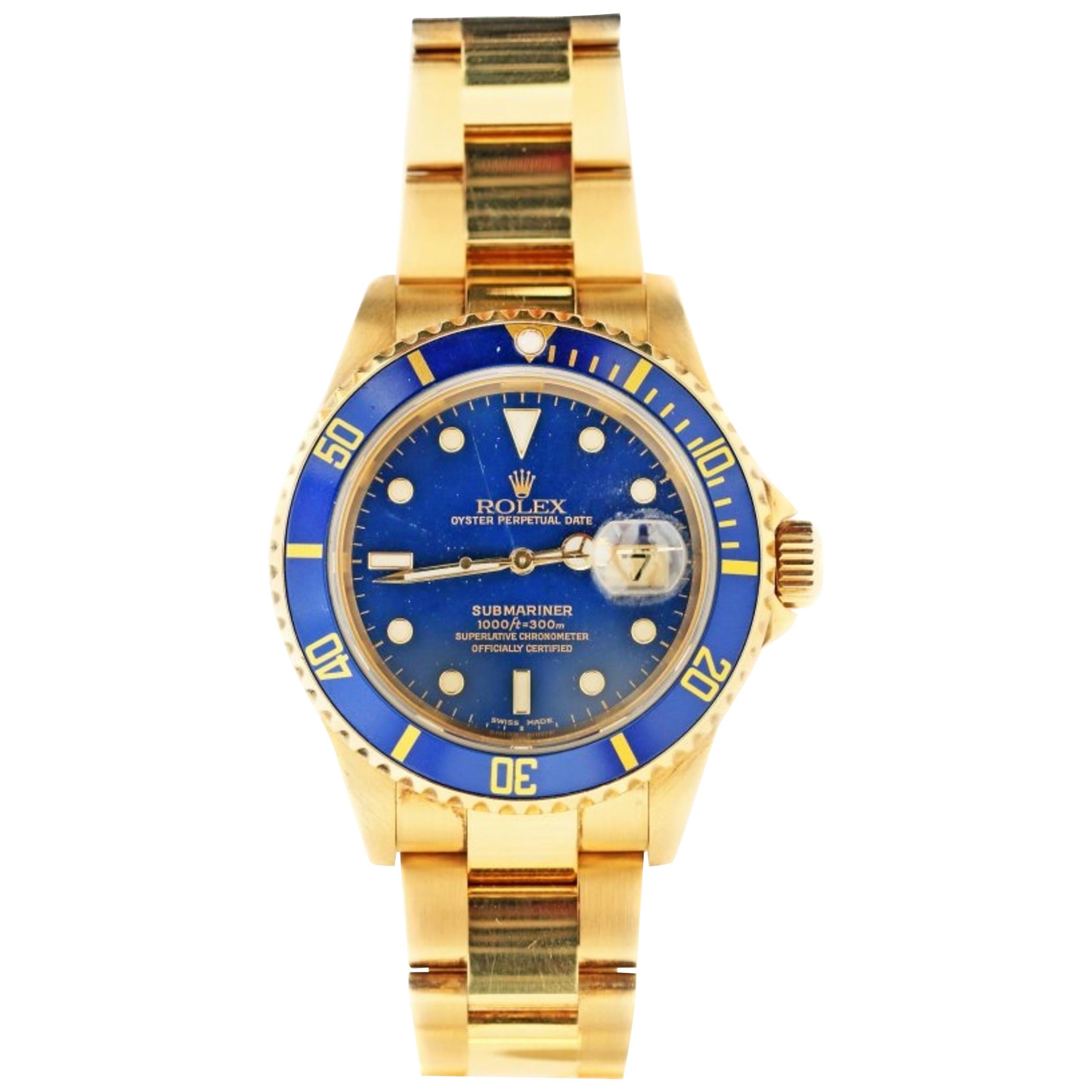 18 Karat Rolex Oyster Perpetual Submariner Wristwatch, Blue Dial