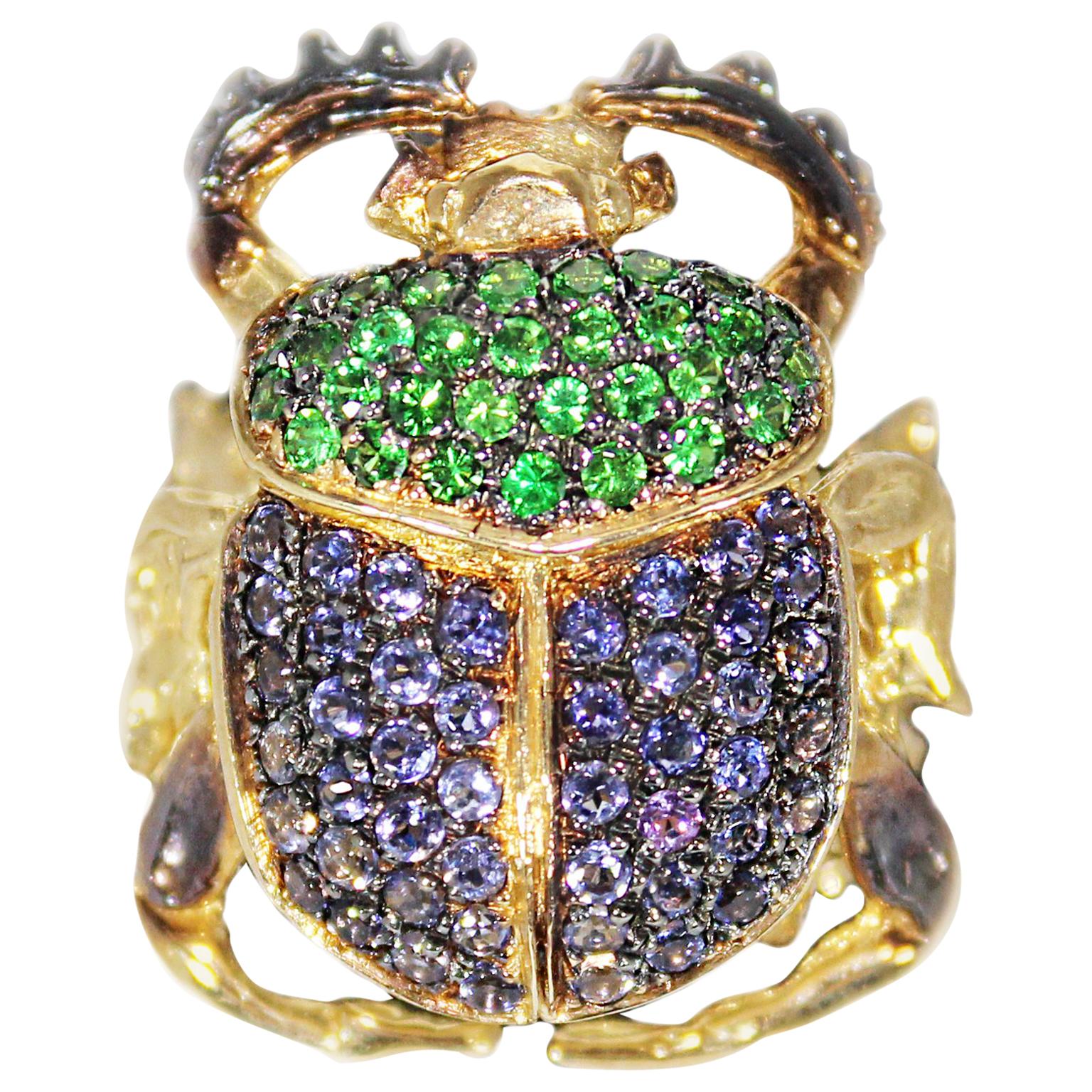Iolite and Zavorite Scarab Pavè Gold Ring For Sale