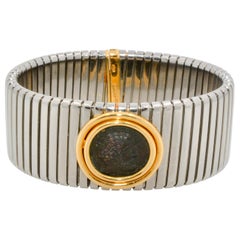 Bvlgari 18 Karat Yellow Gold/Stainless Steel Bezel Set Ancient Coin Bracelet