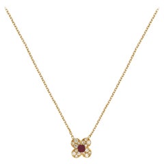 Van Cleef & Arpels 18 Karat Yellow Gold Diamond and Ruby Trefle Necklace