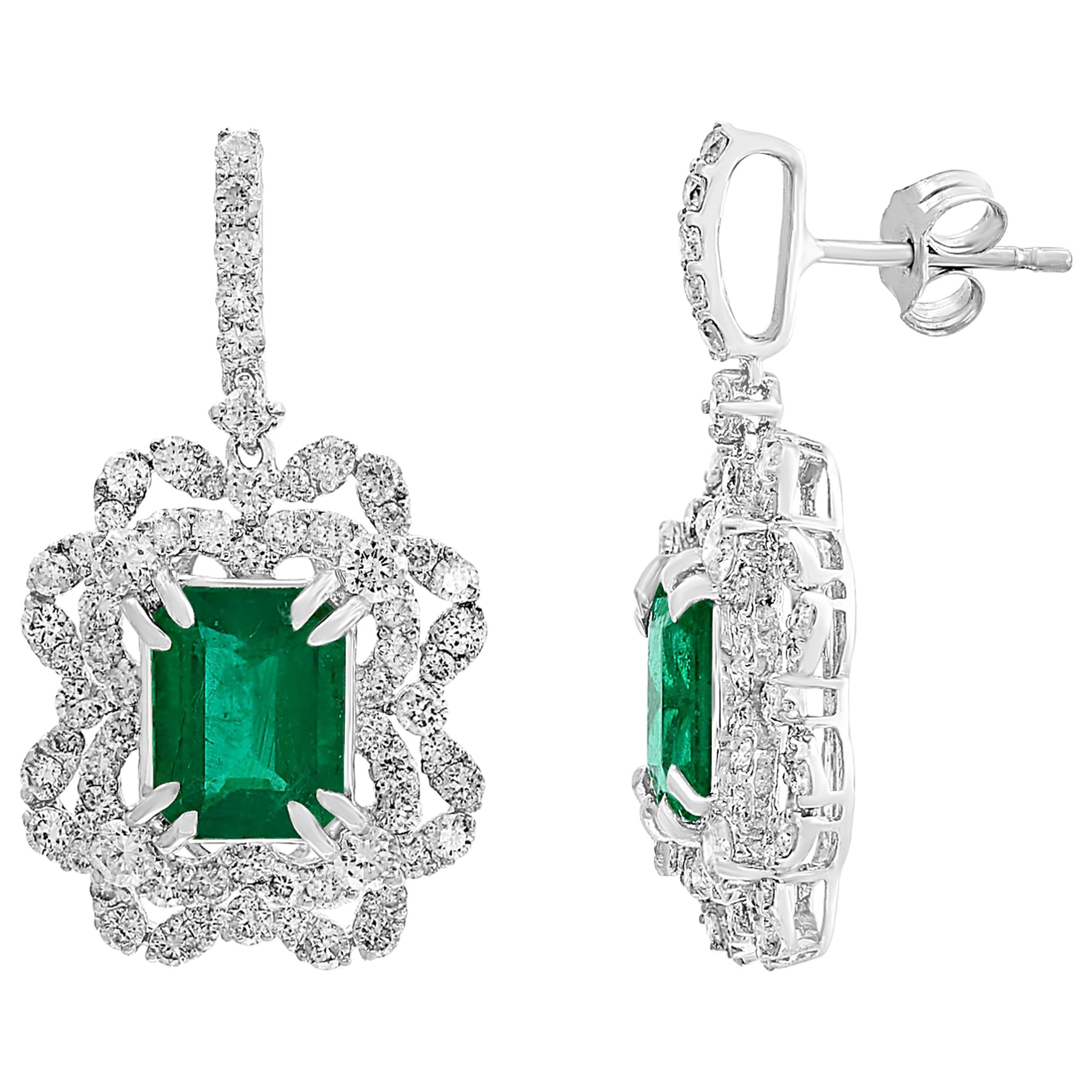 7 Carat Colombian Emerald Cut Emerald Diamond Hanging/Drop Earrings 18Karat Gold