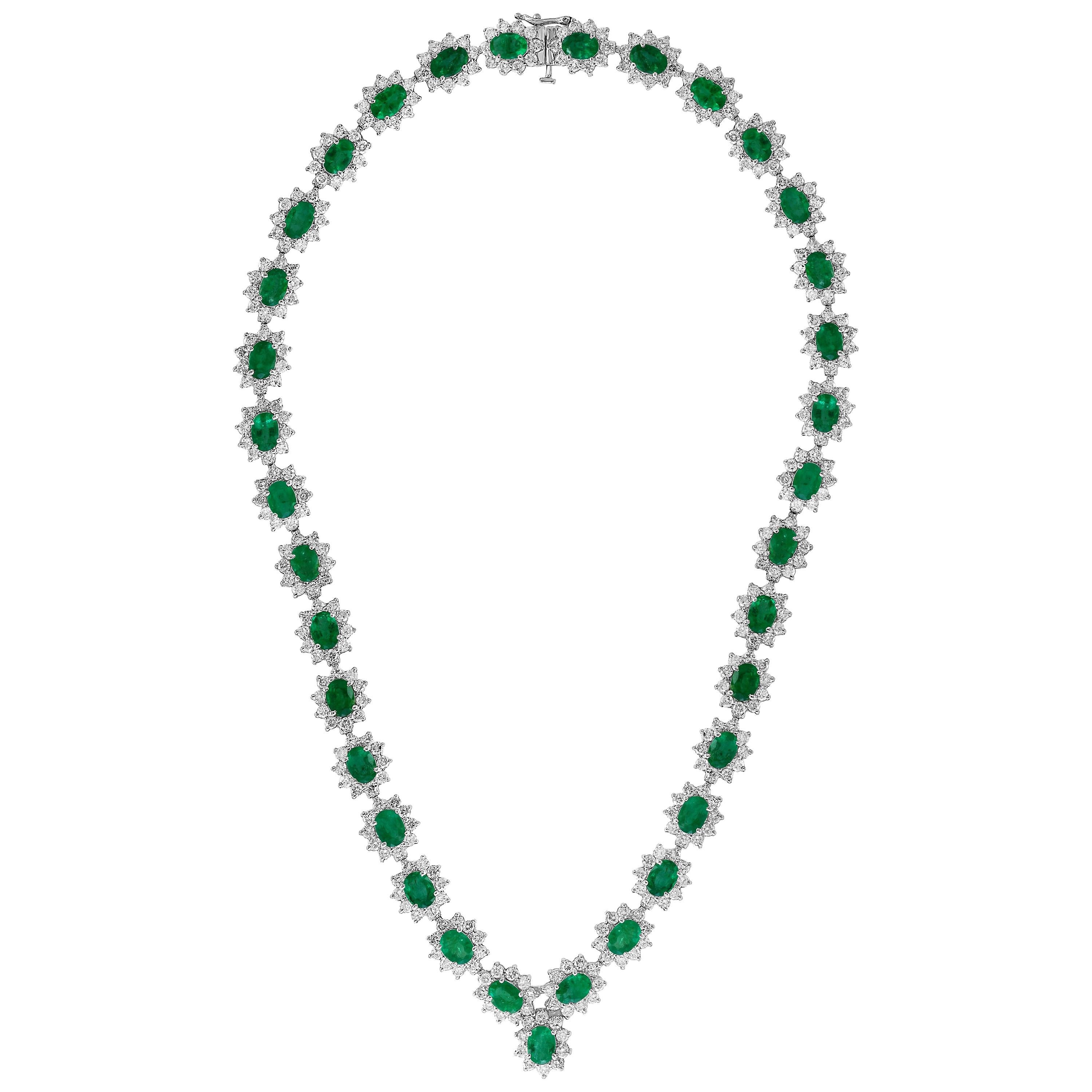 30 Carat Oval Shape Natural Emerald & 23 Carat Diamond Necklace in 18 Karat Gold