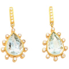 JS Noor Aquamarine Diamond Yellow Gold Drop Earrings