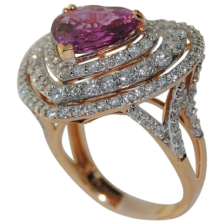 Pink Sapphire and Diamond Heart Shaped Ring in 18 Karat Rose Gold For Sale