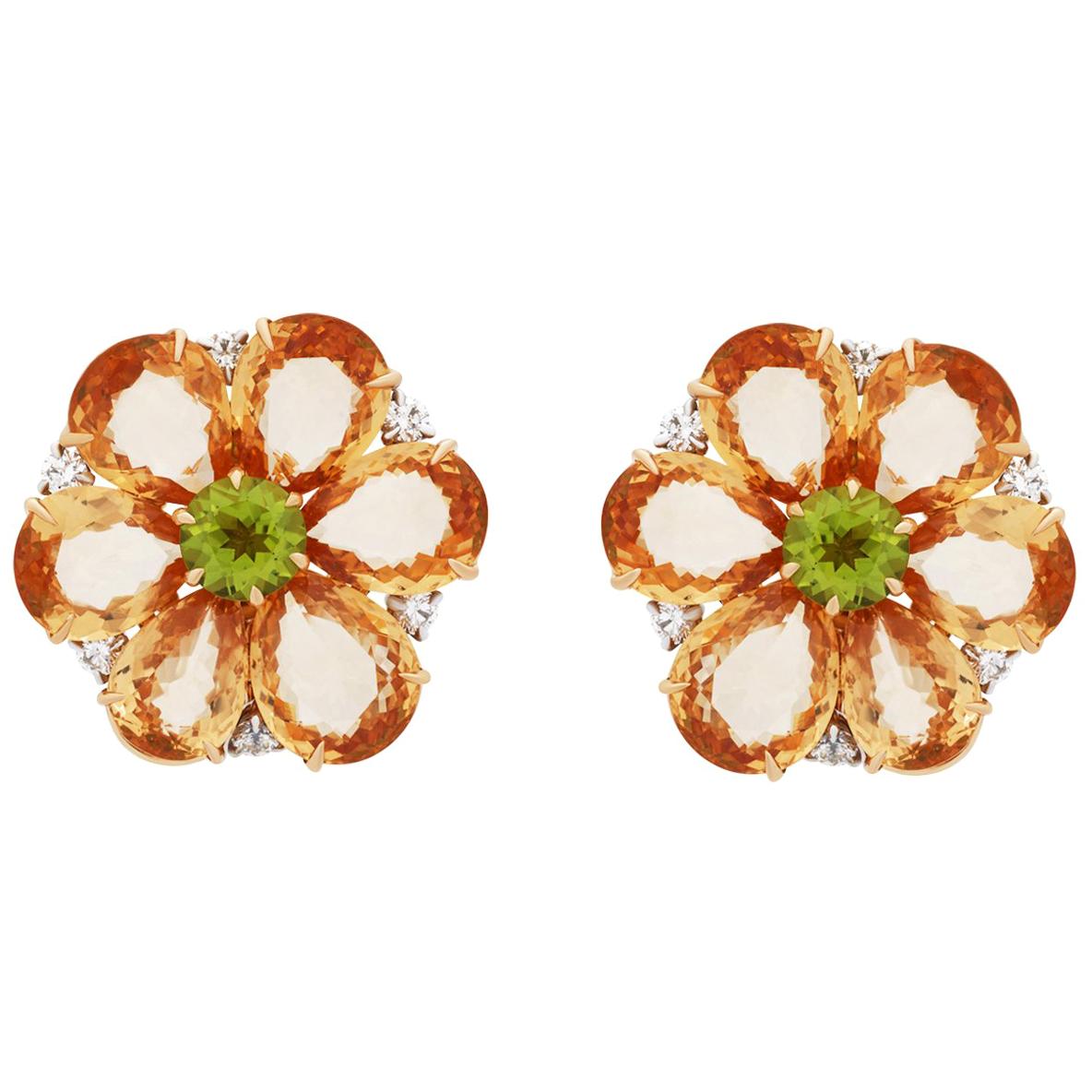 Bvlgari 18 Karat Yellow Gold Orange Sapphire Peridot and Diamond Earrings