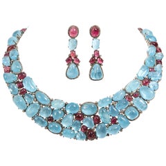 Aquamarine Cabochon Pink Tourmaline Diamond Necklace and Earrings Set