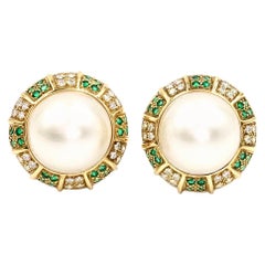 Large Diamond and Emerald Mabe Pearl Button Earrings