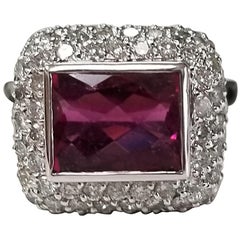 Retro 14 Karat White Gold Pink Tourmaline and Diamond Ring