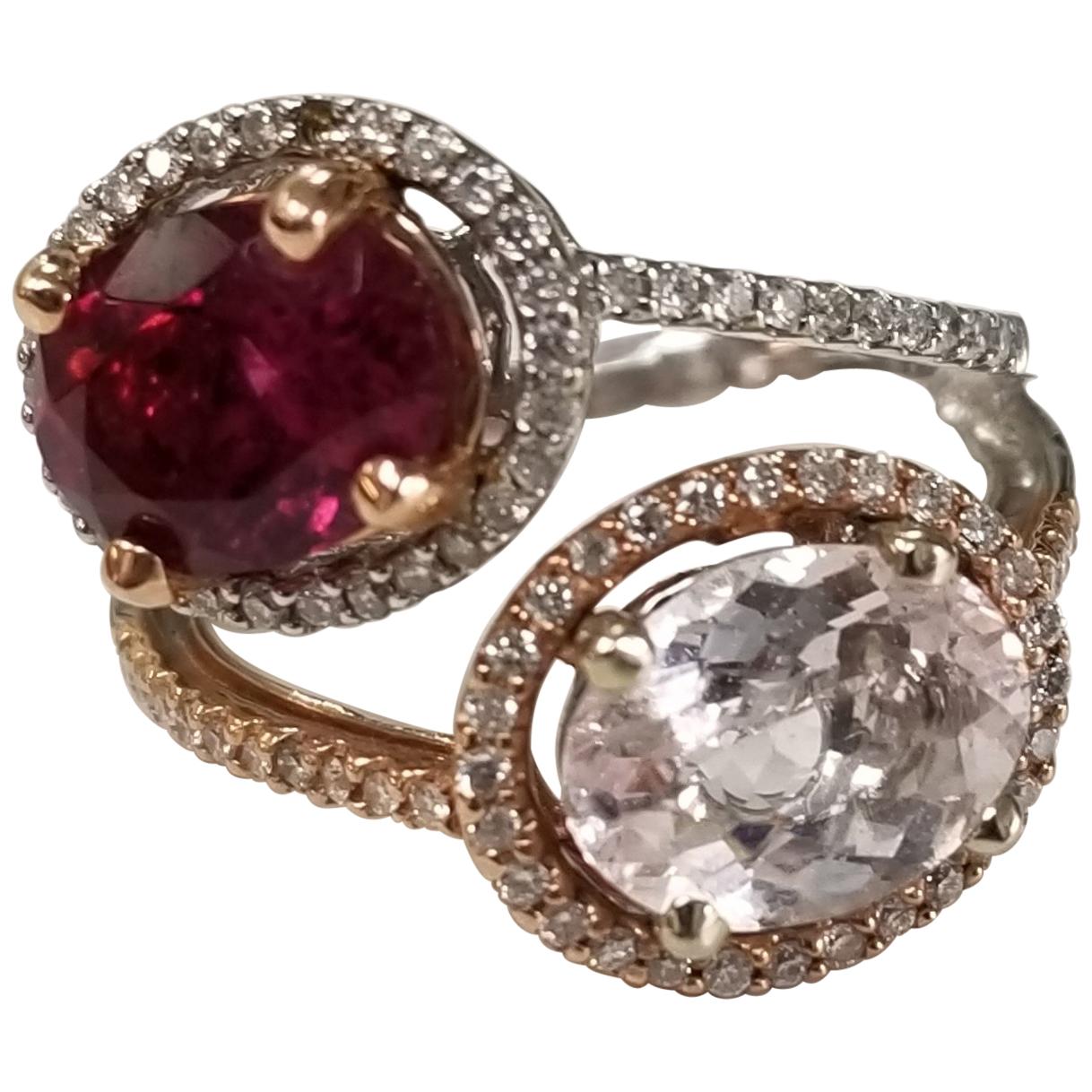 14 Karat White and Rose Gold Pink Tourmaline and Diamond Ring