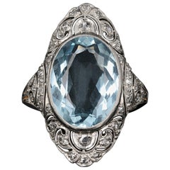 Art Deco Platinum 5.6 Carat Aquamarine and Single Cut Diamond Ring