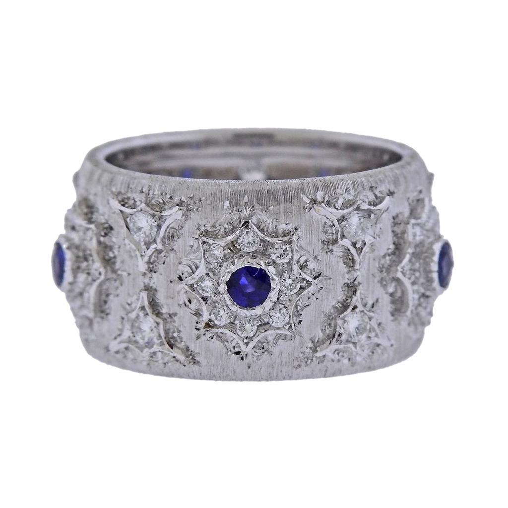 Mario Buccellati Diamond Sapphire White Gold Wide Band Ring
