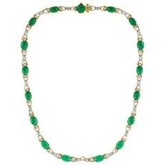 35 Ct Oval Natural Cabochon  Emerald and Diamond Necklace Estate, 14 K Gold