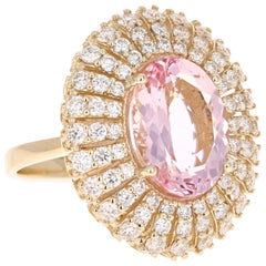 7.24 Carat Oval Cut Pink Morganite Diamond Yellow Gold Cocktail Ring
