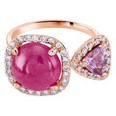  Burma Cabochon Ruby Diamond Pink Sapphire Open Shank Ring  Weighing 5.92 Carats