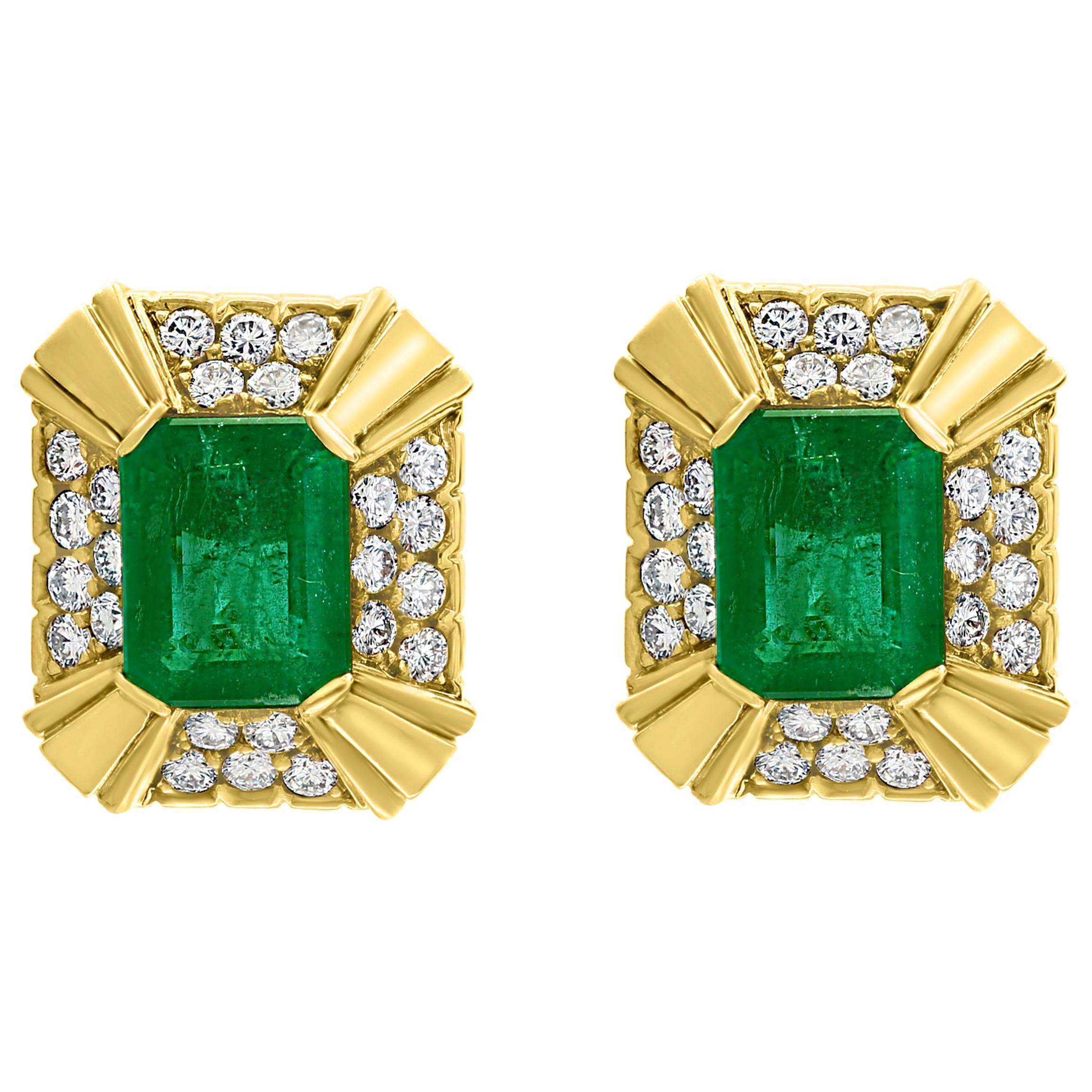 12 Carat Emerald Cut Emerald Diamond Clip Earrings 18 Karat Yellow Gold, Estate