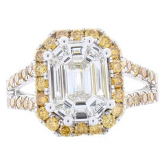 2.11 Carat Emerald Cut Diamond & Fancy Yellow Diamond Cocktail Ring In 18 K Gold