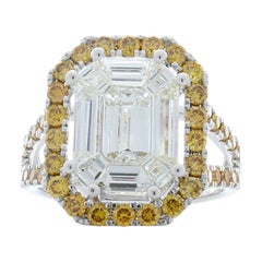 3.70 Carat Emerald Cut Diamond & Fancy Yellow Diamond Cocktail Ring In 18 K Gold