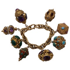 Gold Midcentury Charm Bracelet with Enamel and Assorted Stones
