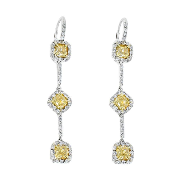 3.00 Carat Total Cushion Cut Fancy Yellow Diamond Dangle Earrings in Platinum