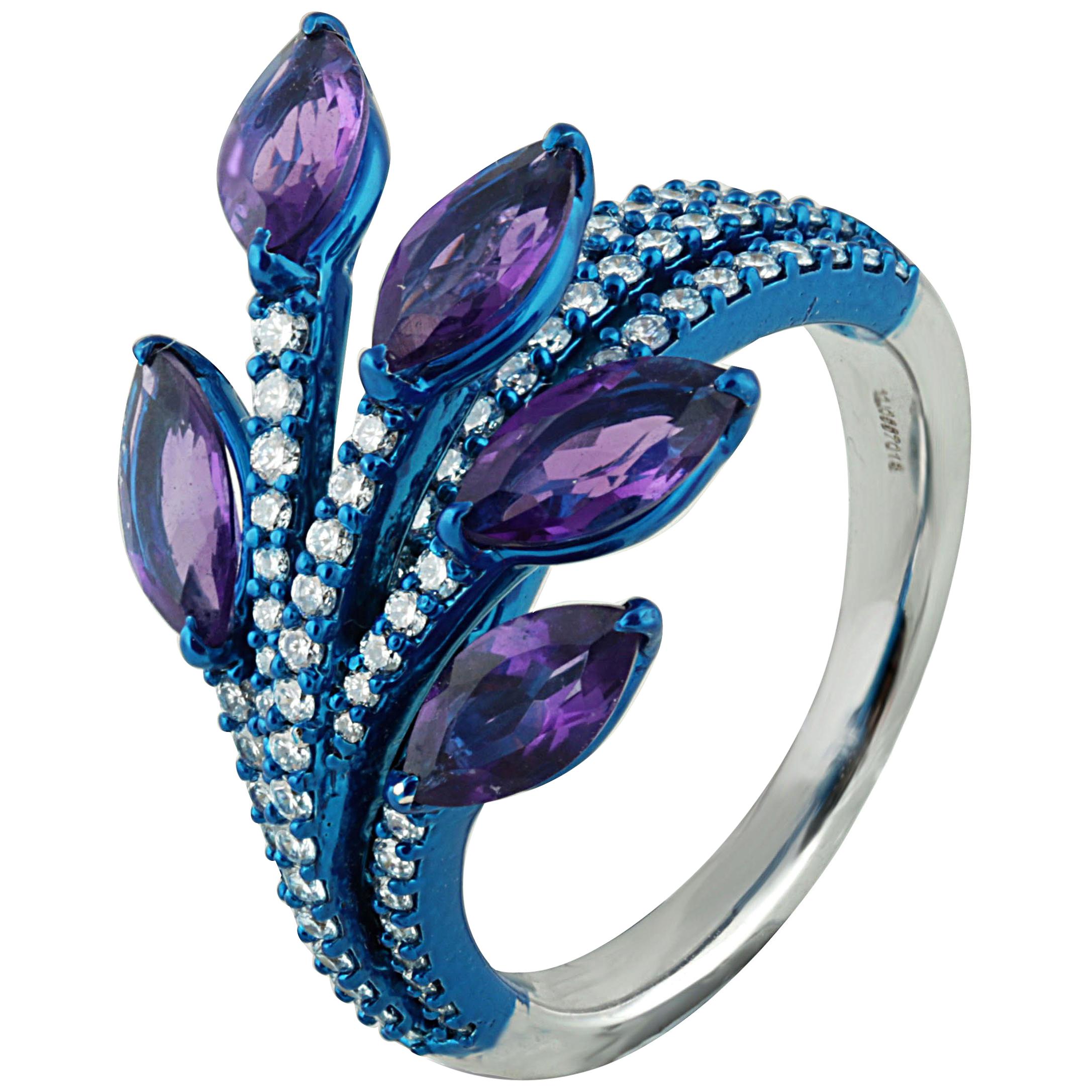 Studio Rêves Diamonds and Marquise Amethyst Fashion Ring in 18 Karat Gold For Sale