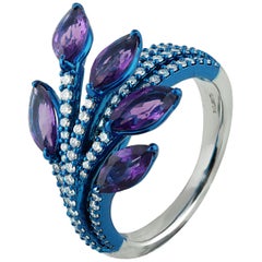 Studio Rêves Diamonds and Marquise Amethyst Fashion Ring in 18 Karat Gold