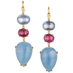 Joon Han South Sea Tahitian Keshi Pearl Tourmaline Aquamarine 18K Drop Earrings