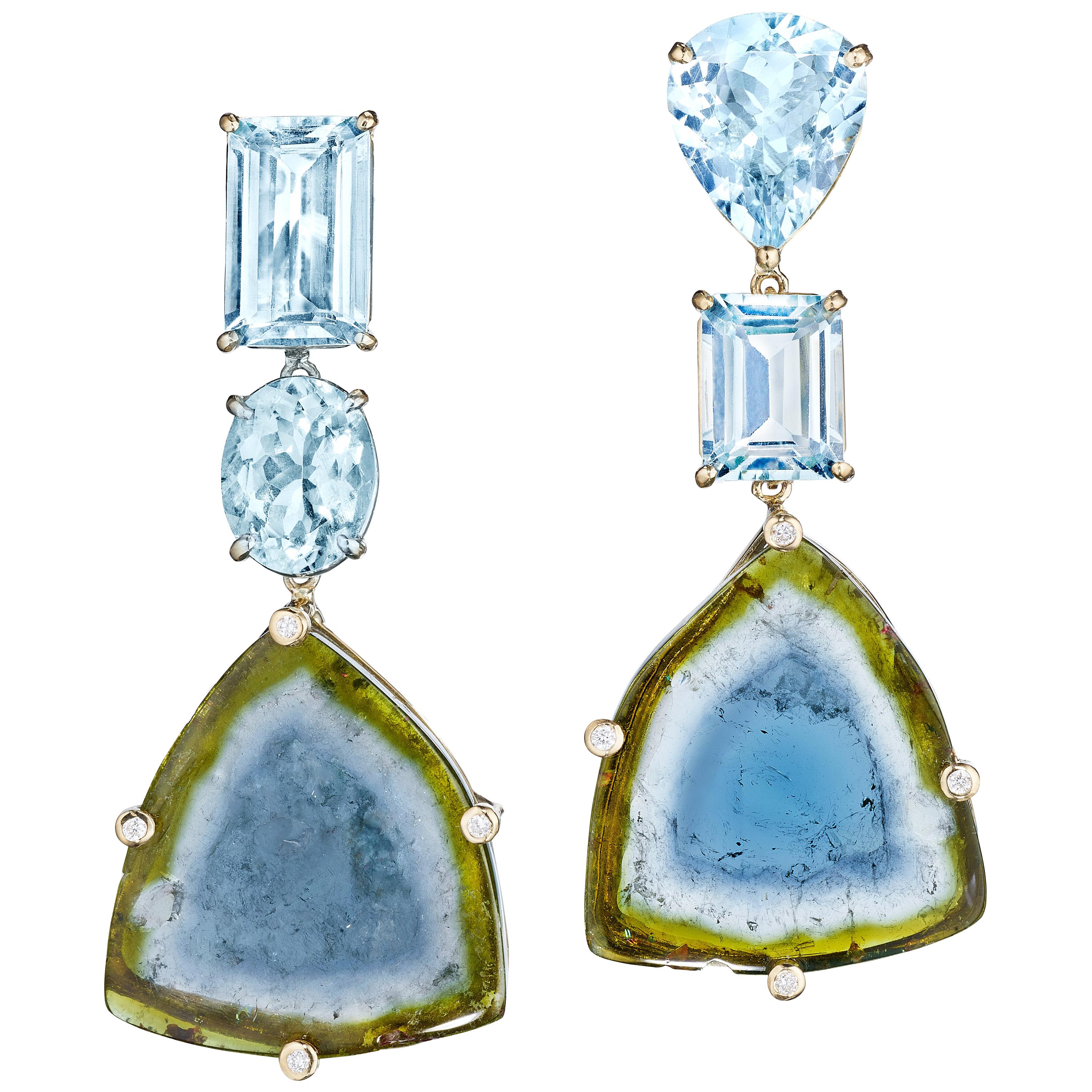 Joon Han Aquamarine Bicolor Tourmaline Diamond 18K Gold Drop Dangle Earrings For Sale