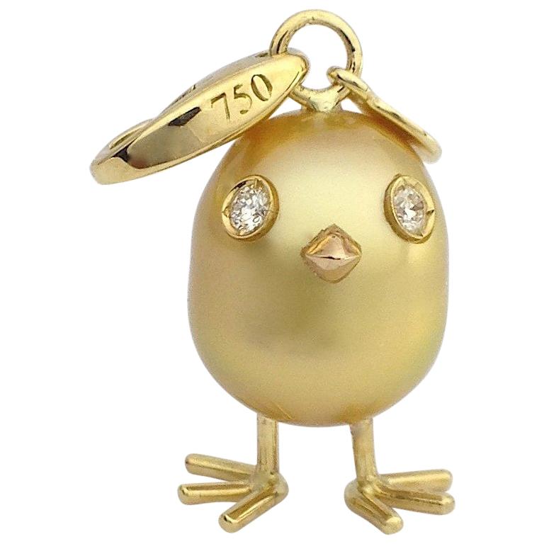 Baby Chick Australian Pearl Diamond Yellow 18 Karat Gold Pendant or