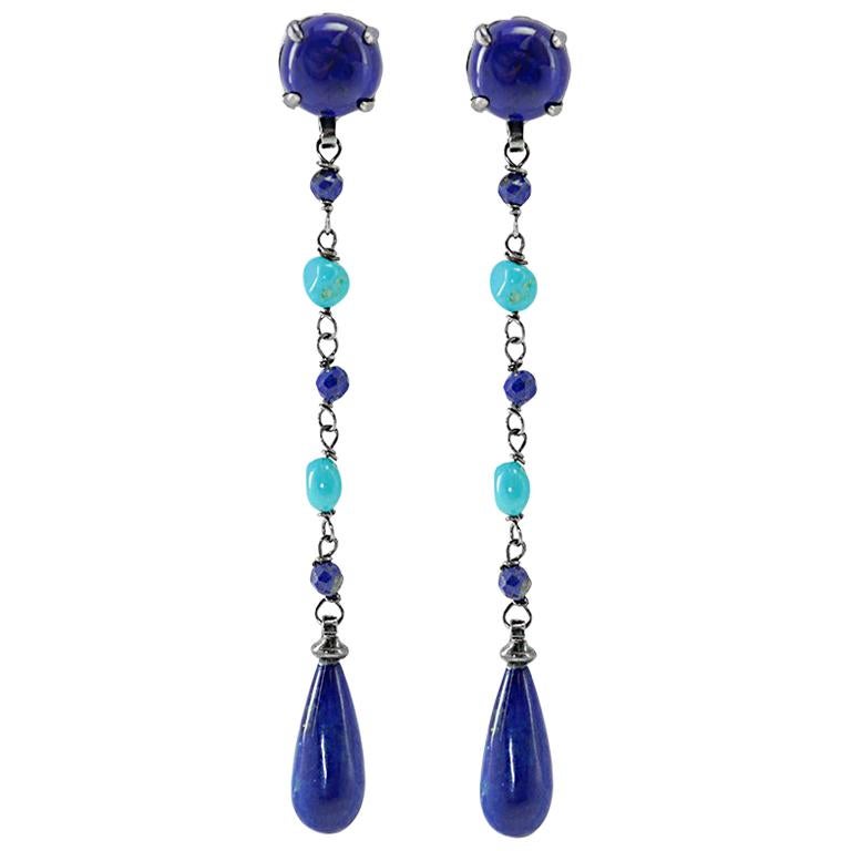 Dangle Earrings in 18 Karat Gold, Turquoise and Lapis Lazuli