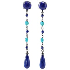Dangle Earrings in 18 Karat Gold, Turquoise and Lapis Lazuli