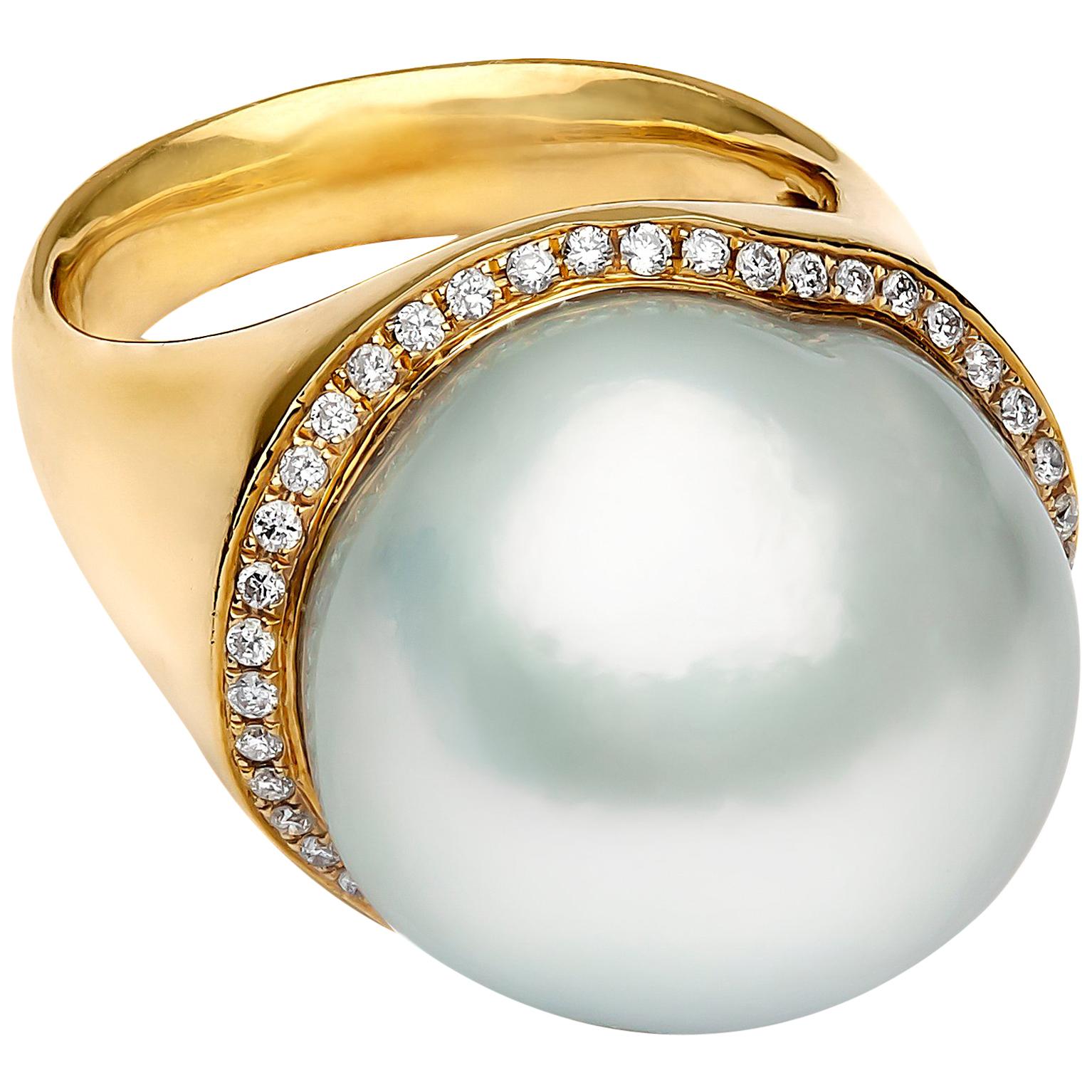 Yoko London Baroque South Sea Pearl and Diamond Ring Set in 18 Karat Yellow Gold