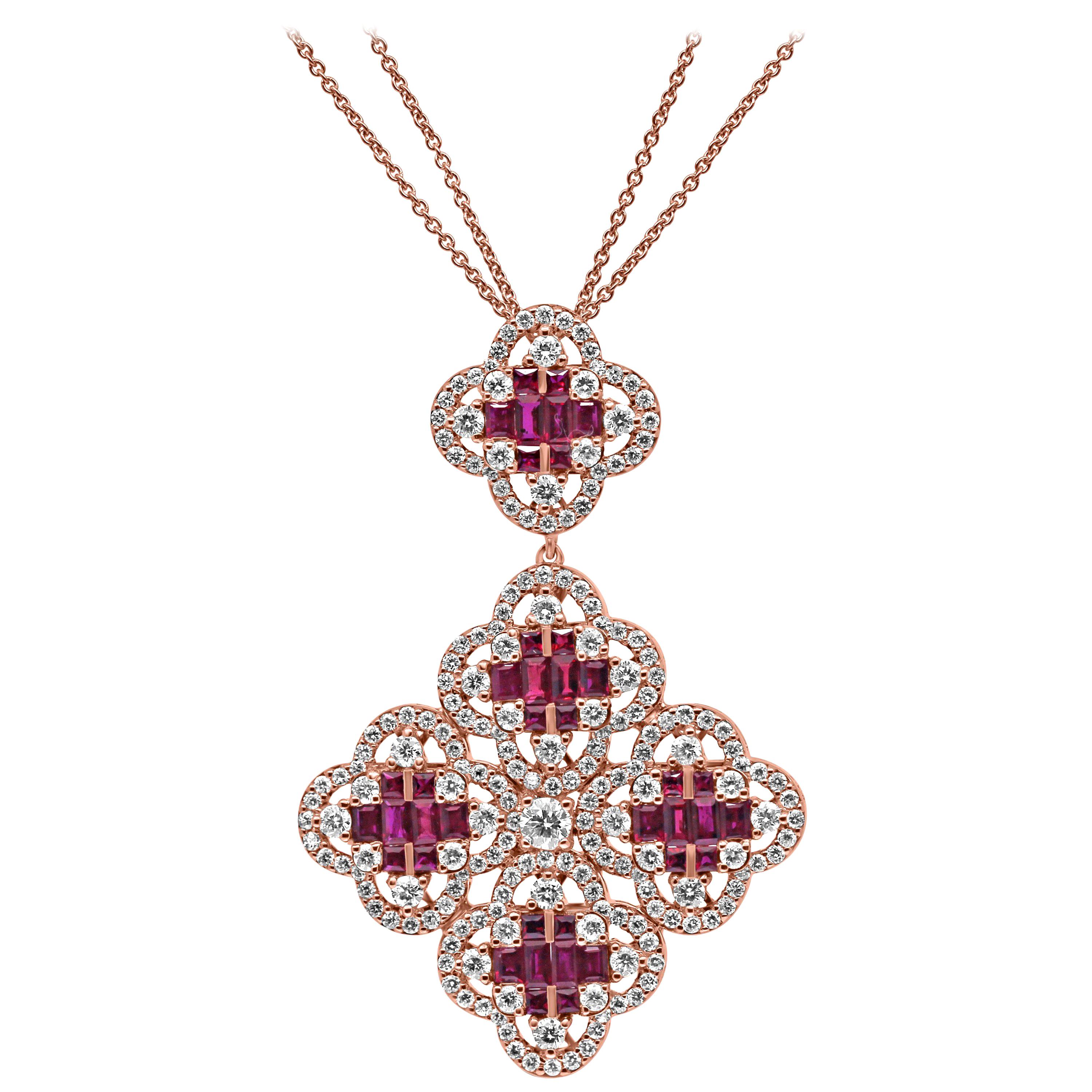 18 Karat Rose Gold Ruby Gemstone and Diamond Clover Pendant Necklace For Sale