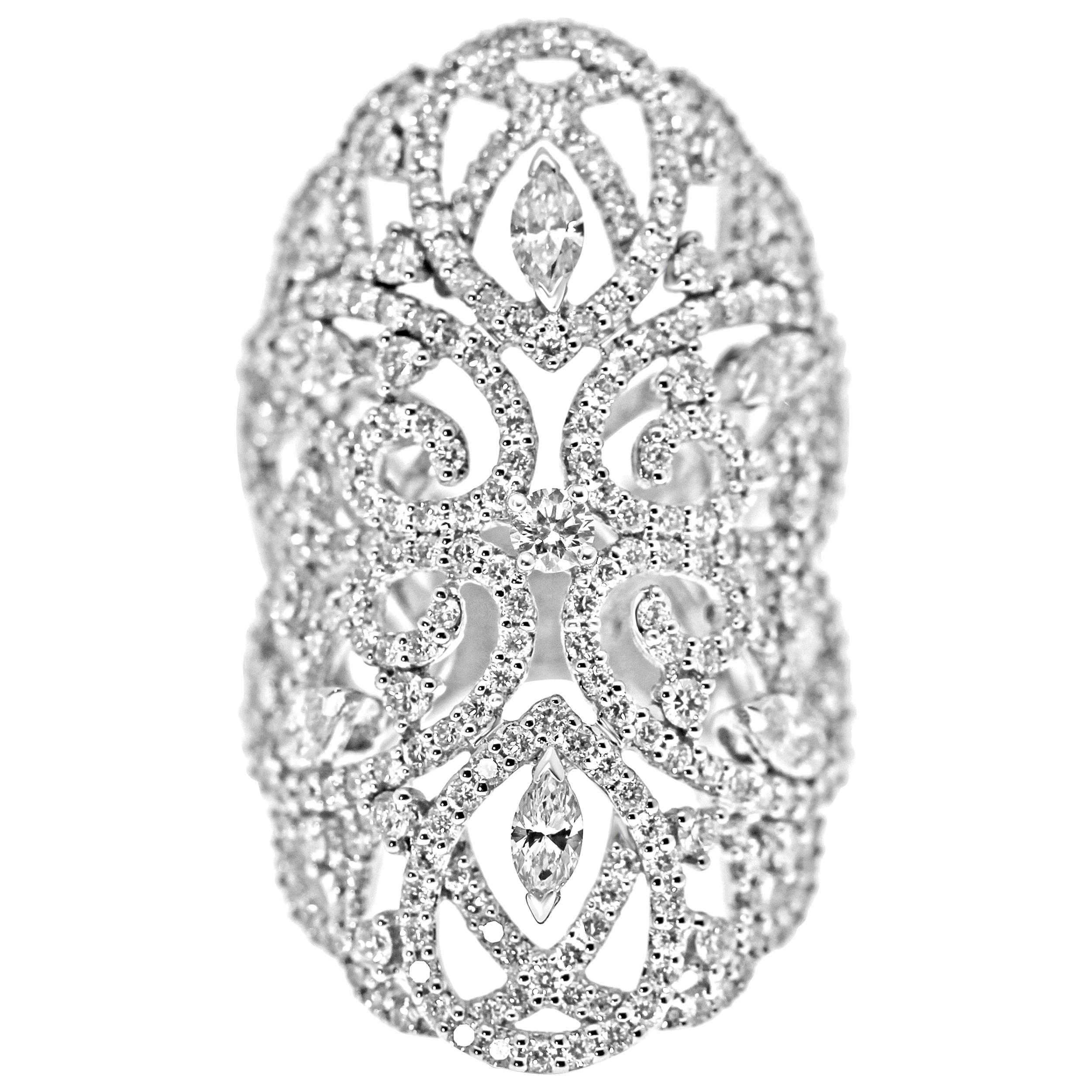 18 Karat White Gold and Diamonds Lace Statement Ring For Sale