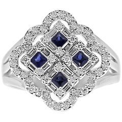 18 Karat White Gold Diamond and Blue Sapphire Gemstones Ring
