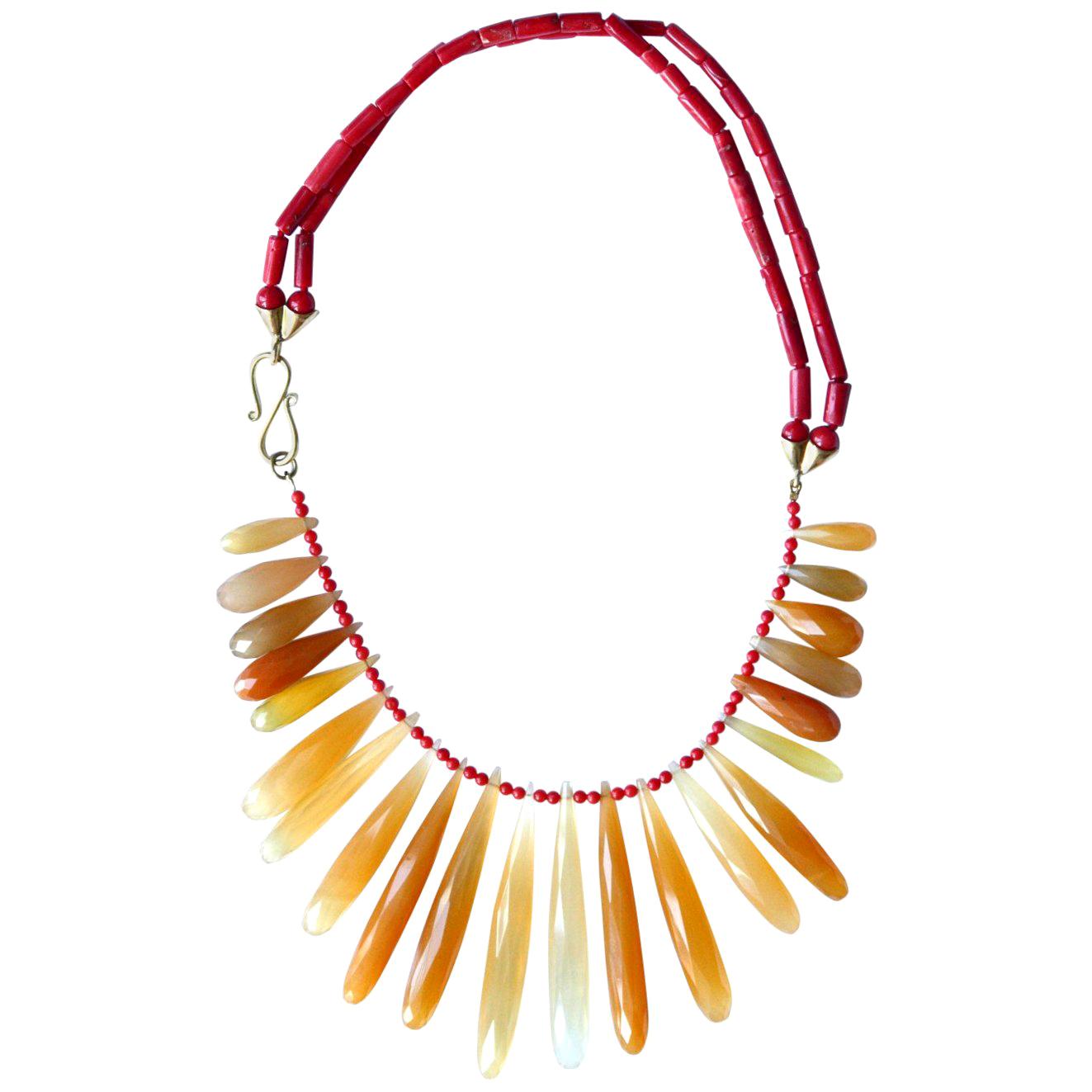 Red Italian Coral Orange Chalcedony Faced Drops 18 Karat Gold Necklace For Sale