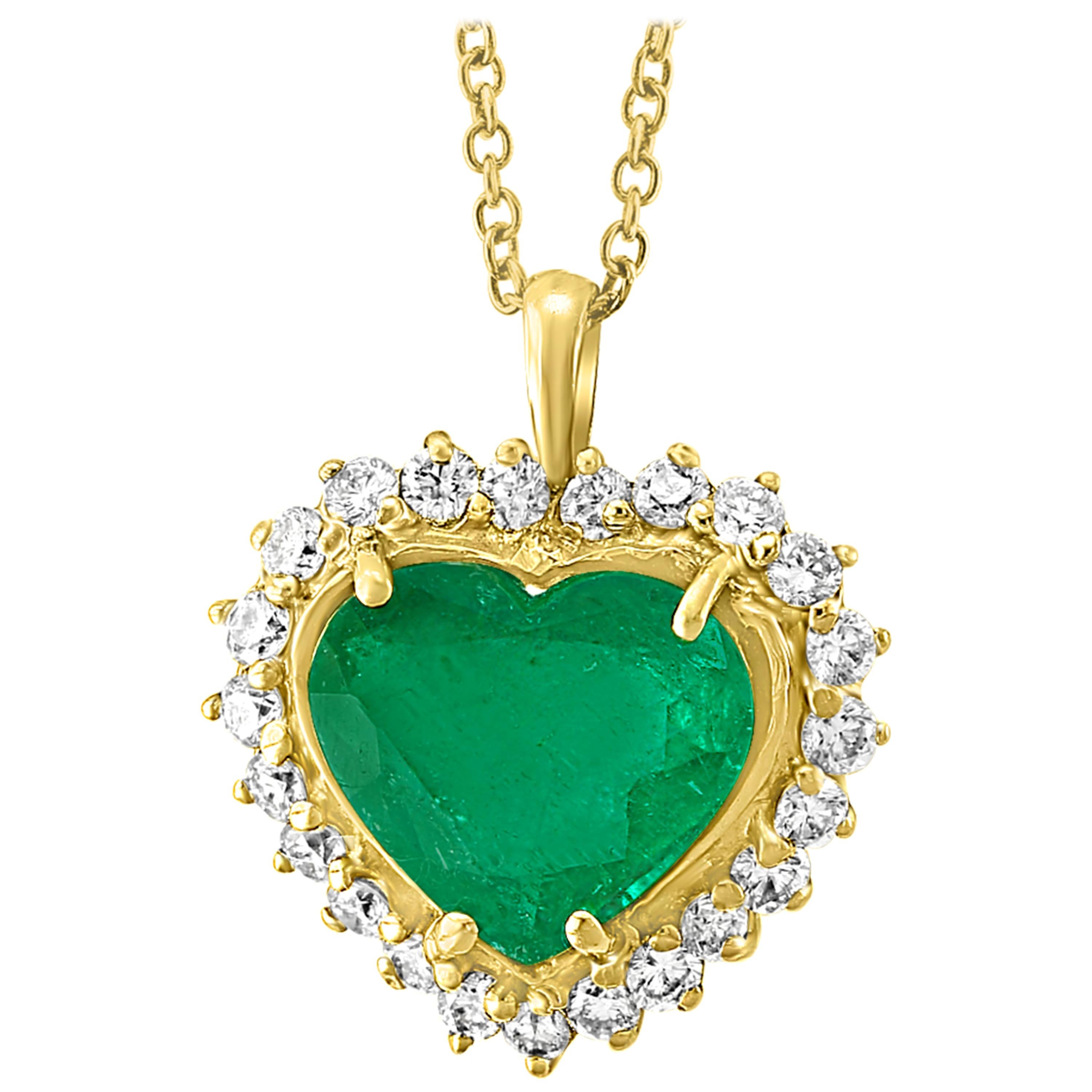 6+ Carat Heart Shape  Colombian Emerald and Diamond Pendant Necklace DBY Chain
